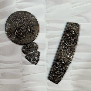 Vintage Silver Plate Set Purse Hand Mirror Comb Hans Jensen Denmark Repousse